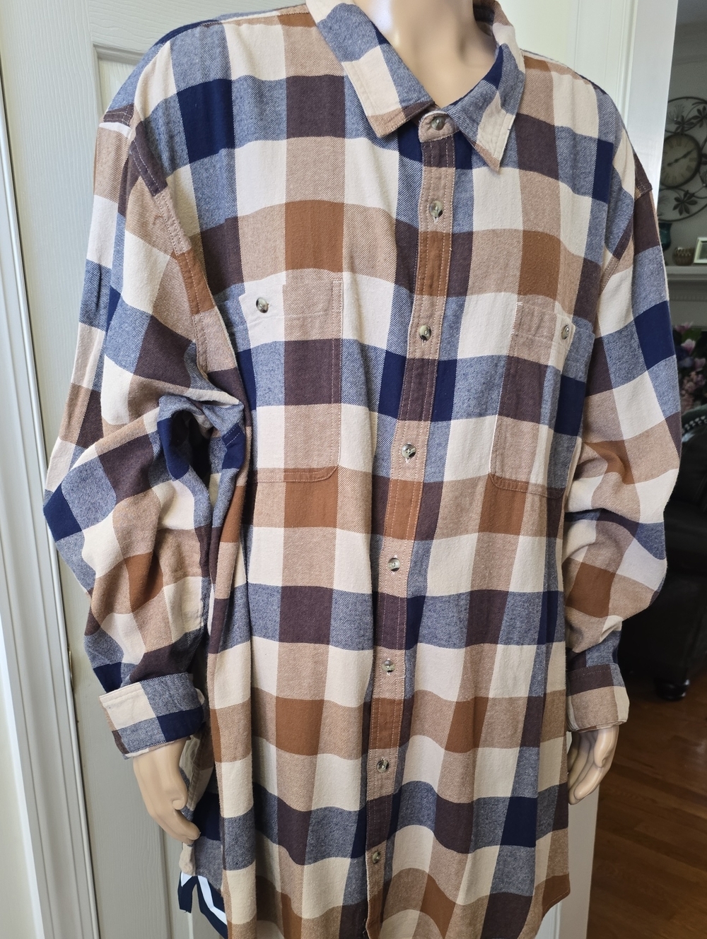 Sonoma Brand Mens Big & Tall Brown & Blue Plaid Button-Up Flannel Shirt Size 4XB